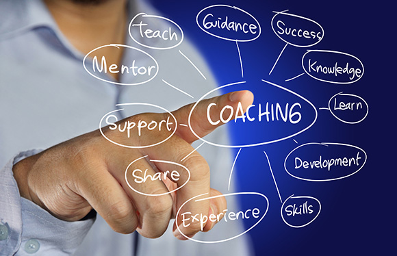 a person pointing at a graphic with different facets of coaching