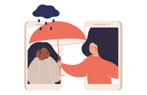 an illustration of a person in a mobile phone holding an umbrella over another person in another mobile phone