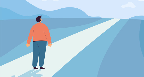 an illustration of a person looking onwards to a path into the horizon 