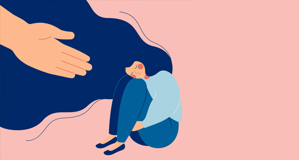 an illustration of a sad lady in the fetal position with an outreached hand