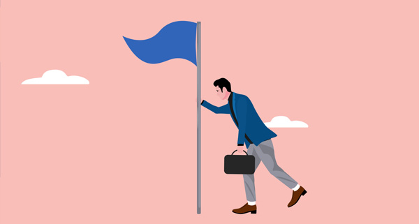 an illustration of a man holding a blue flagpole